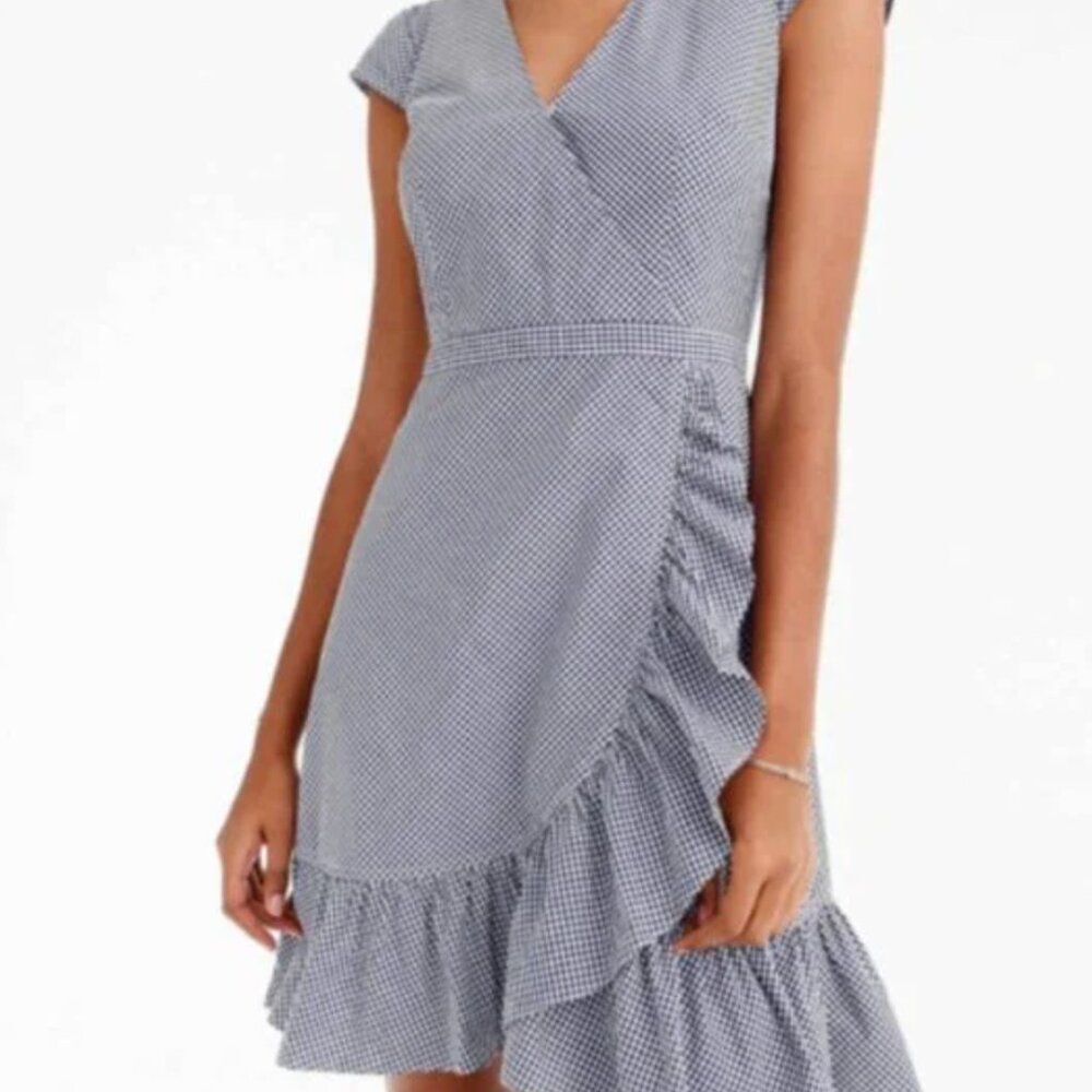 J.Crew Faux-Wrap Gingham Cotton Poplin Ruffle Dress Navy White Women's SIze 8
